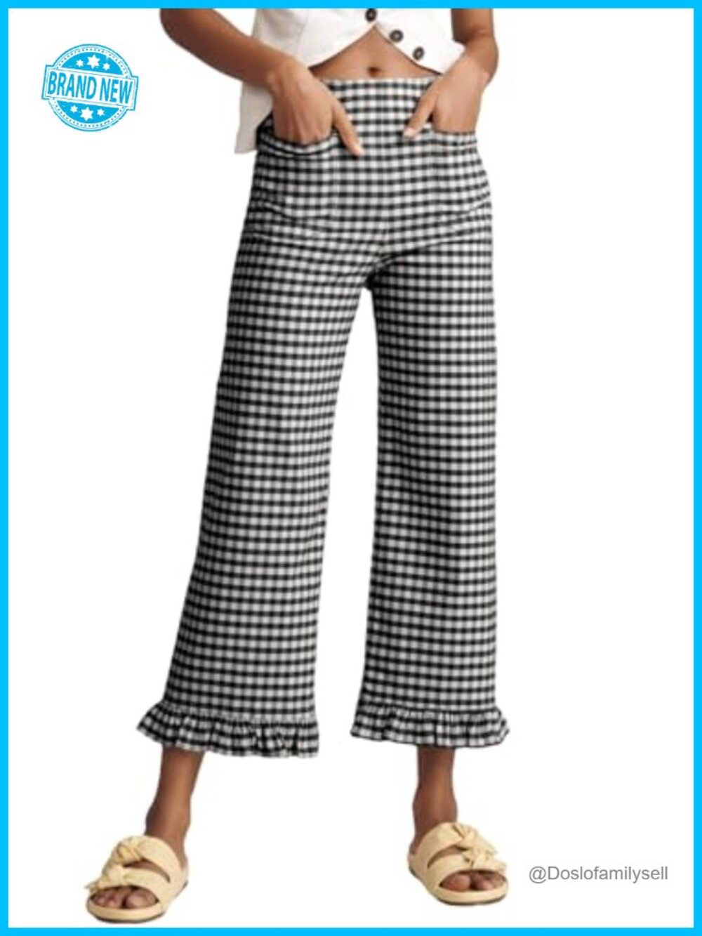 Women's Gingham Ruffle Cropped Trousers High Waist Straight Leg Pull On